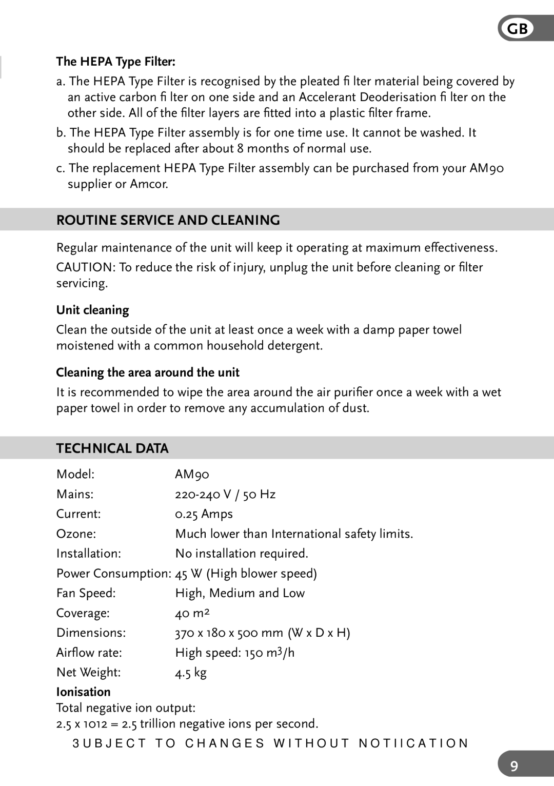 Amcor AM90 instruction manual Routine Service and Cleaning, Technical Data 