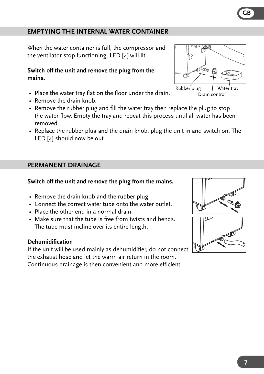 Amcor AMC 10KM-410, AMC 12KM-410, AMC 7KM-410 Emptying the Internal Water Container, Permanent Drainage, Dehumidification 