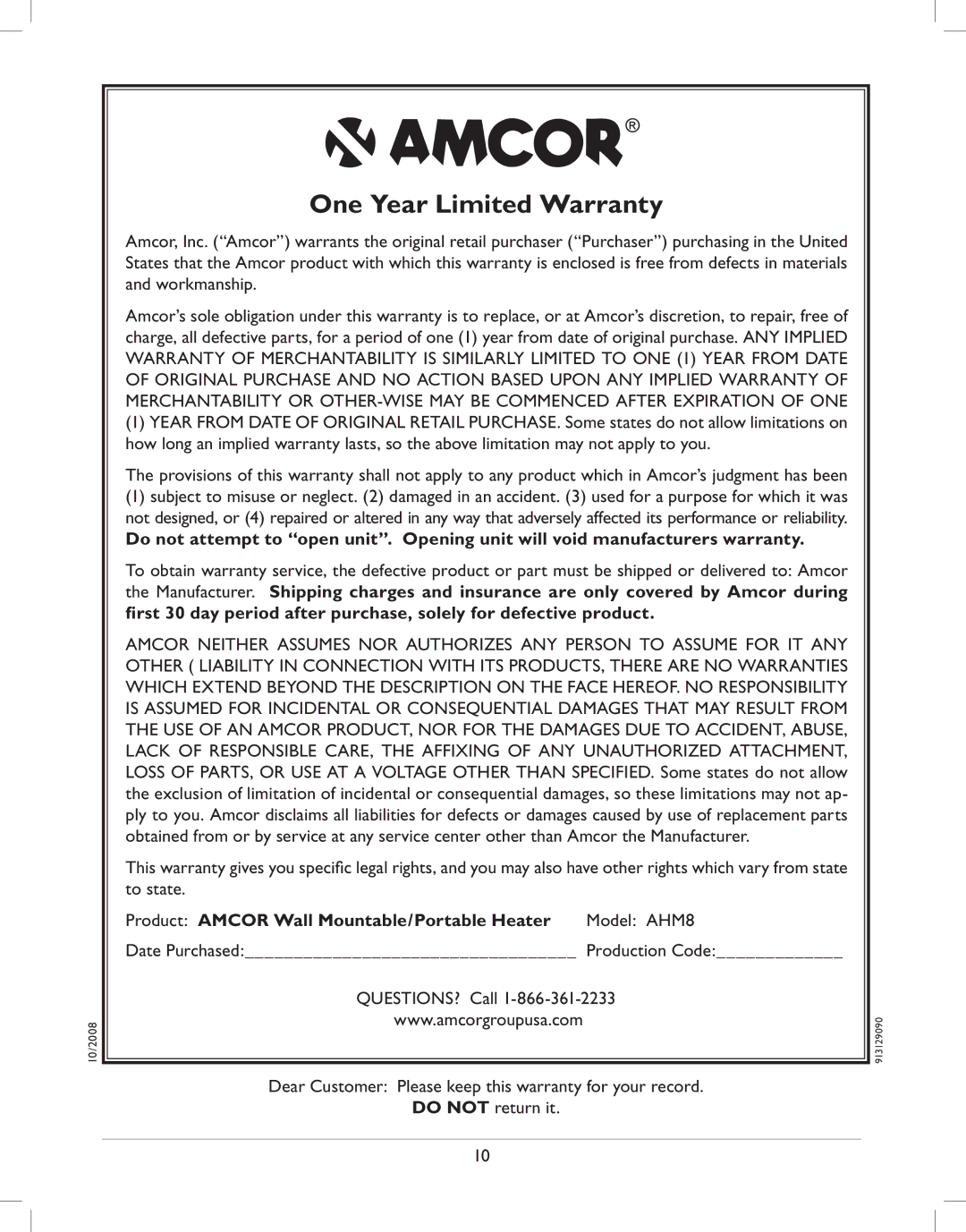 Amcor AMH8 owner manual One Year Limited Warranty, Product Amcor Wall Mountable/Portable Heater 