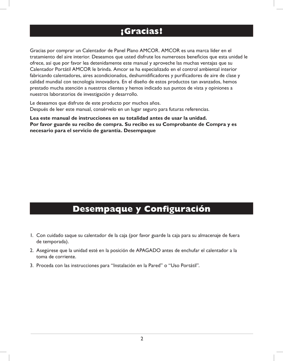 Amcor AMH8 owner manual ¡Gracias, Desempaque y Conﬁguración 