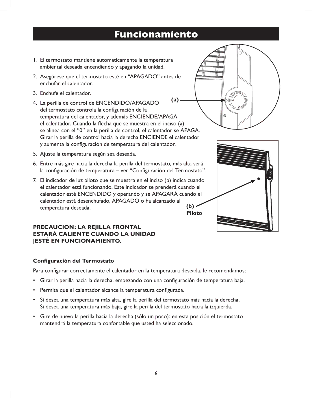 Amcor AMH8 owner manual Funcionamiento, Piloto, Conﬁguración del Termostato 