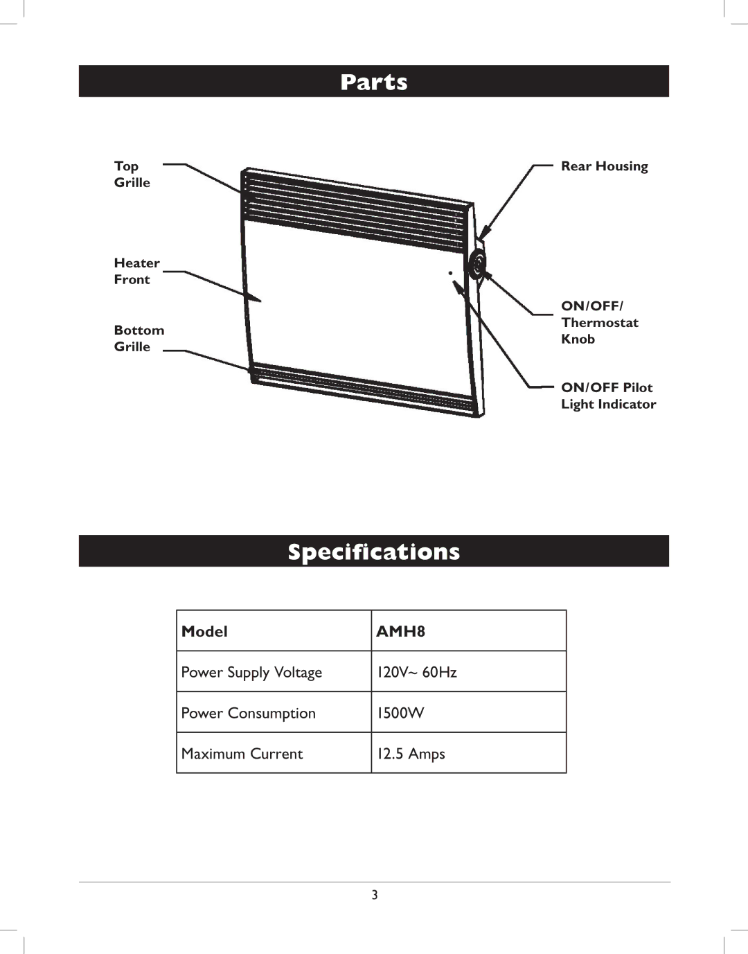 Amcor AMH8 owner manual Parts, Speciﬁcations, Top Grille Heater Front Bottom, Rear Housing 