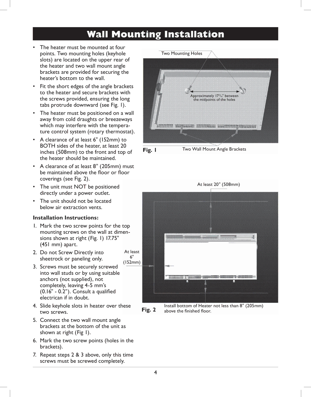 Amcor AMH8 owner manual Wall Mounting Installation, Installation Instructions 