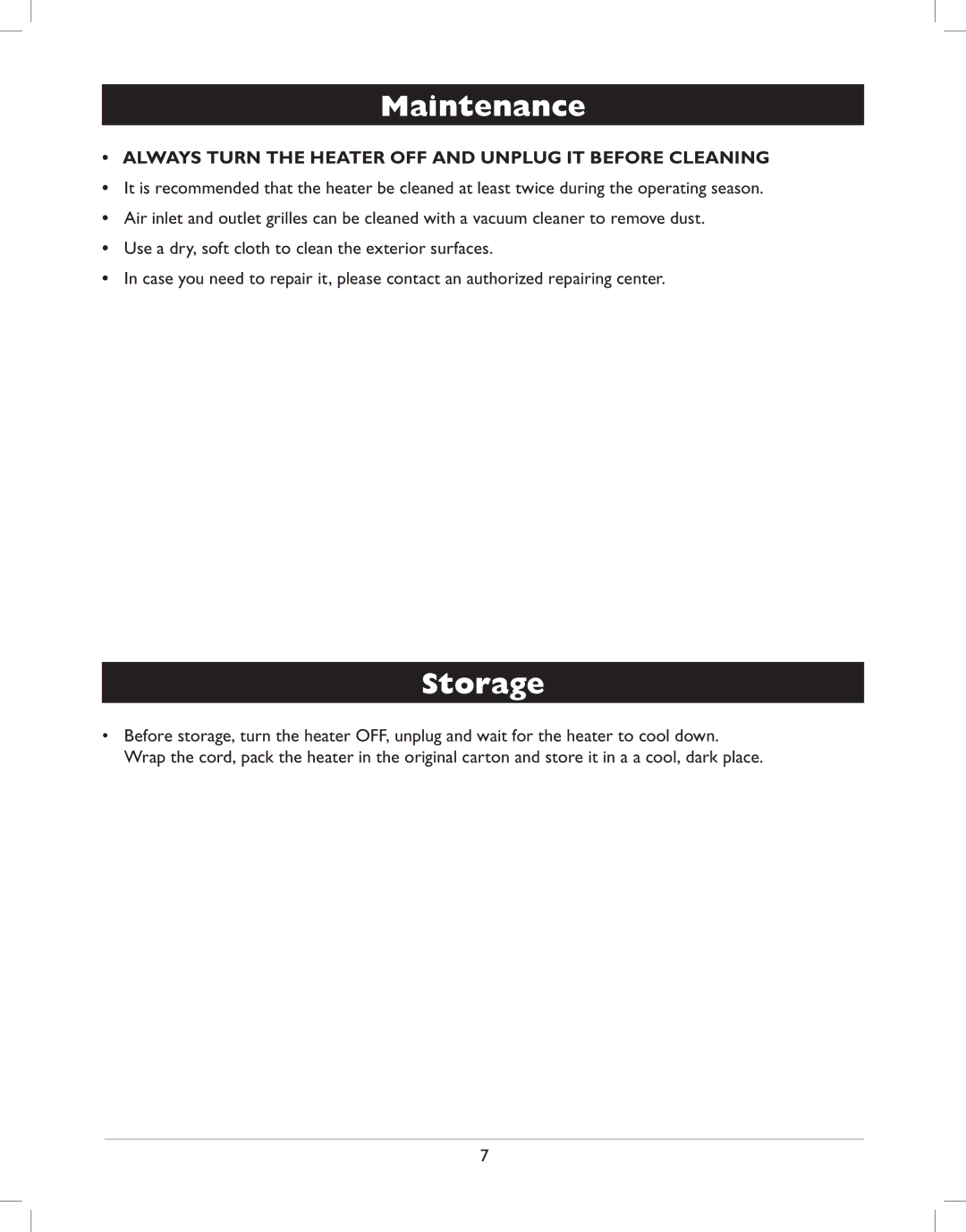 Amcor AMH8 owner manual Maintenance, Storage 