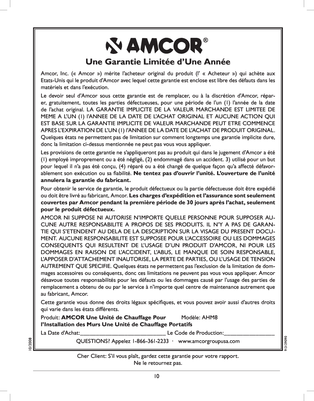 Amcor AMH8 owner manual Une Garantie Limitée d’Une Année 