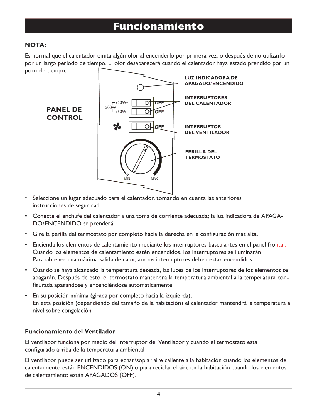 Amcor AMH9 owner manual Funcionamiento del Ventilador 