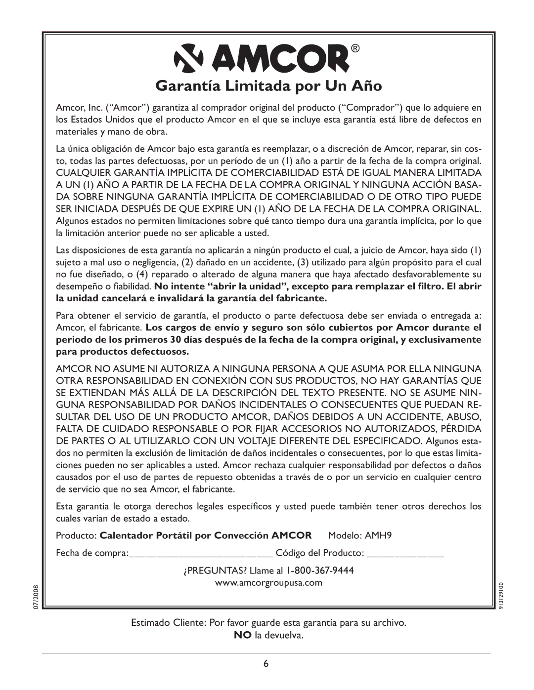 Amcor AMH9 owner manual Garantía Limitada por Un Año 