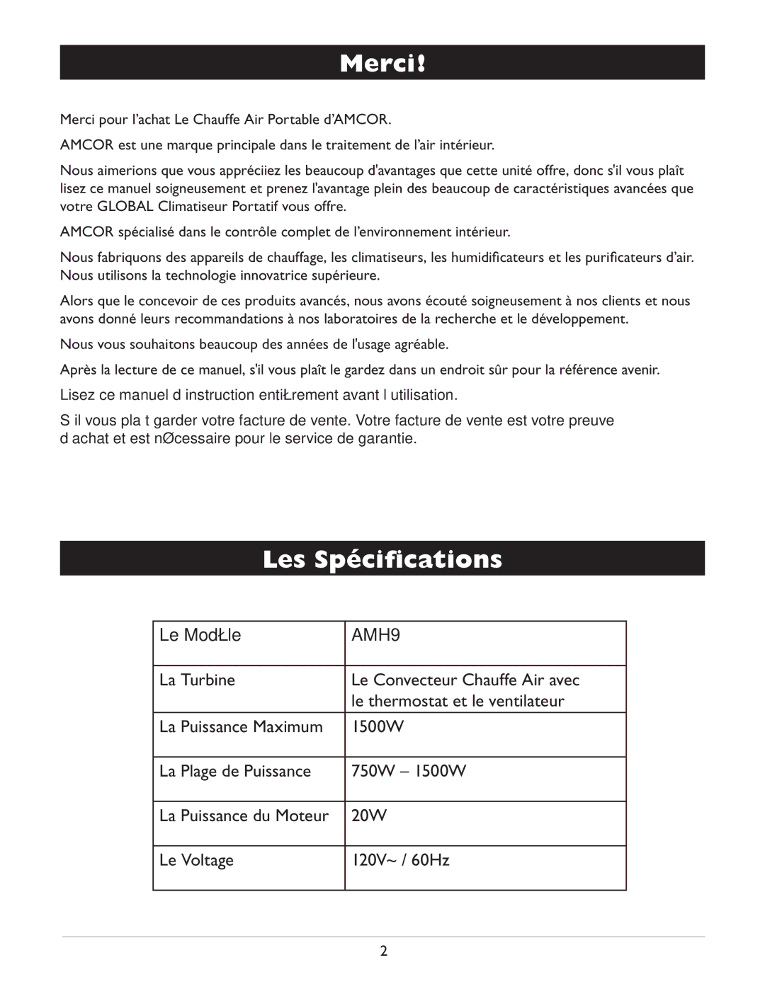 Amcor AMH9 owner manual Merci, Les Spécifications 