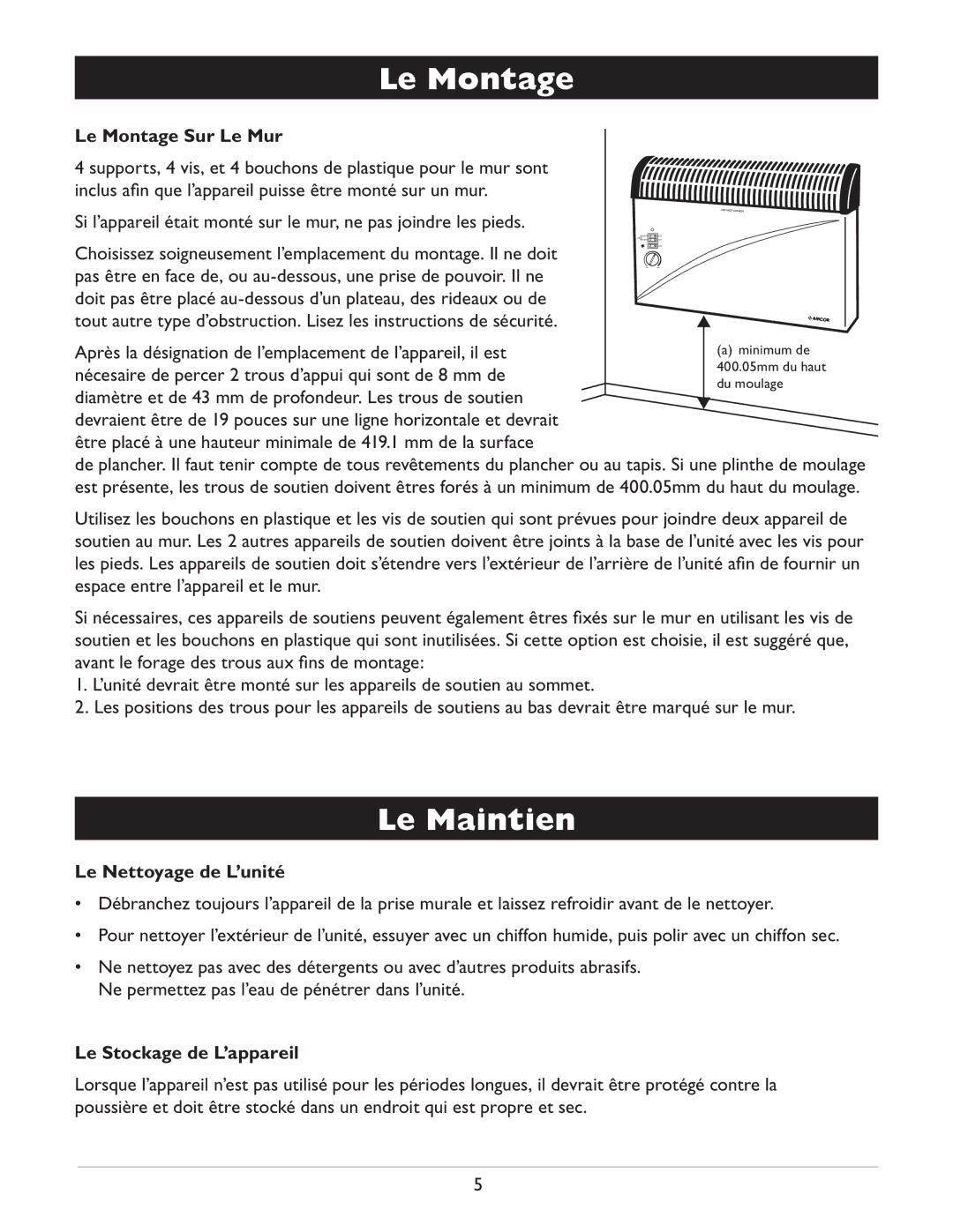 Amcor AMH9 owner manual Le Maintien, Le Montage Sur Le Mur, Le Nettoyage de L’unité, Le Stockage de L’appareil 