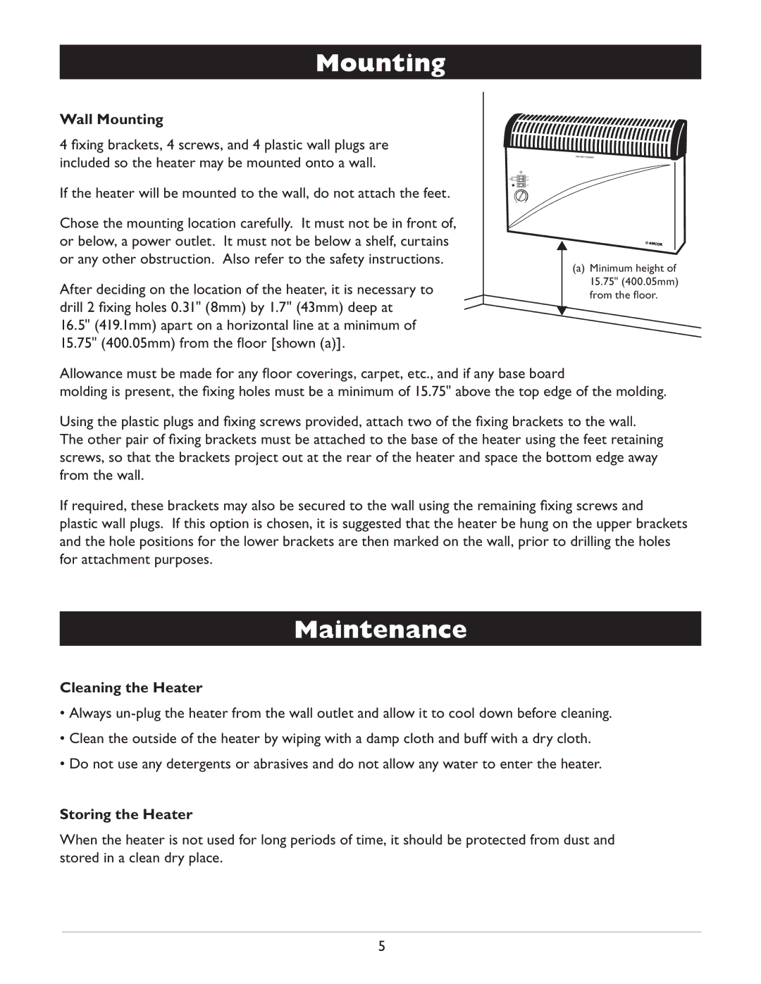 Amcor AMH9 owner manual Maintenance, Wall Mounting, Cleaning the Heater, Storing the Heater 