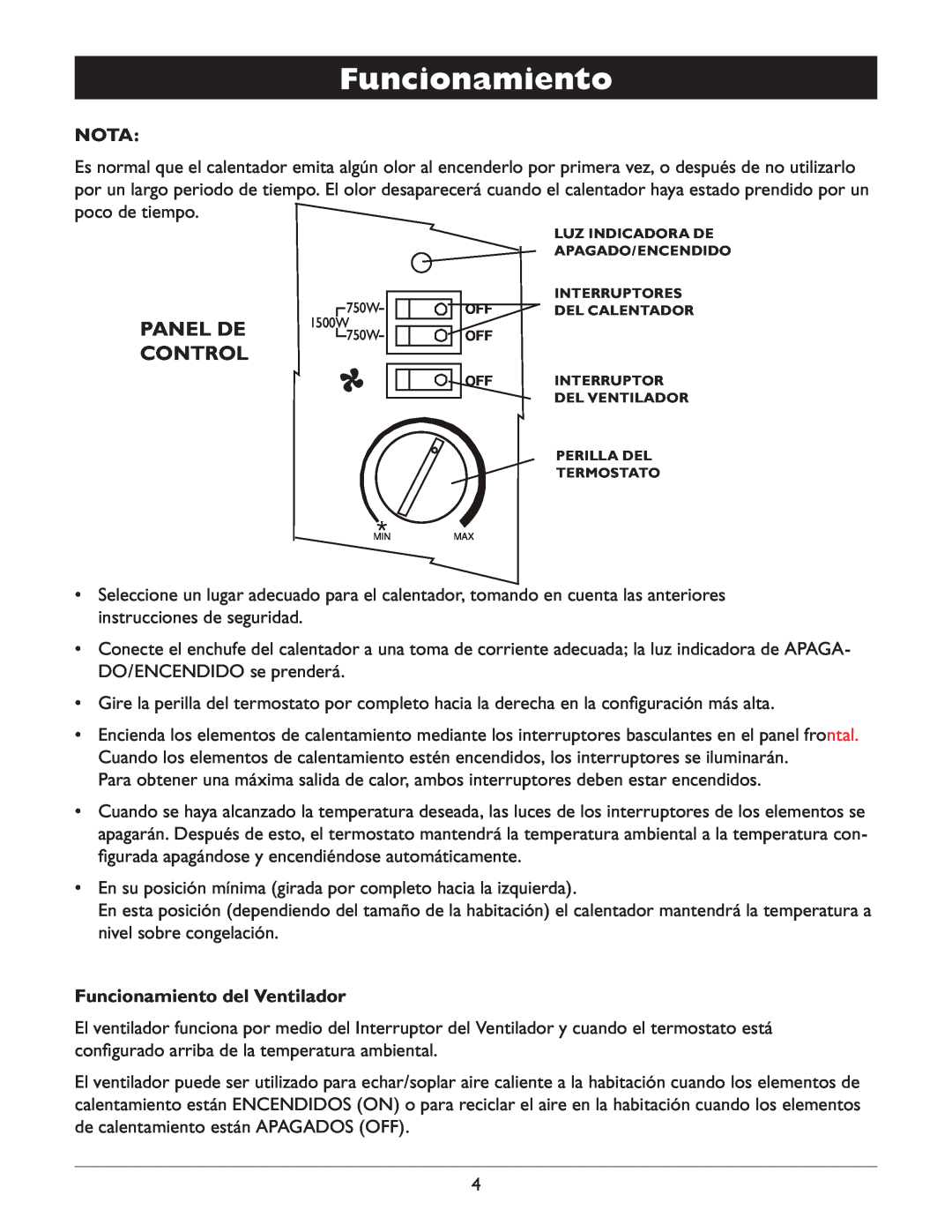 Amcor AMH9 owner manual Panel De Control, Nota, Funcionamiento del Ventilador 