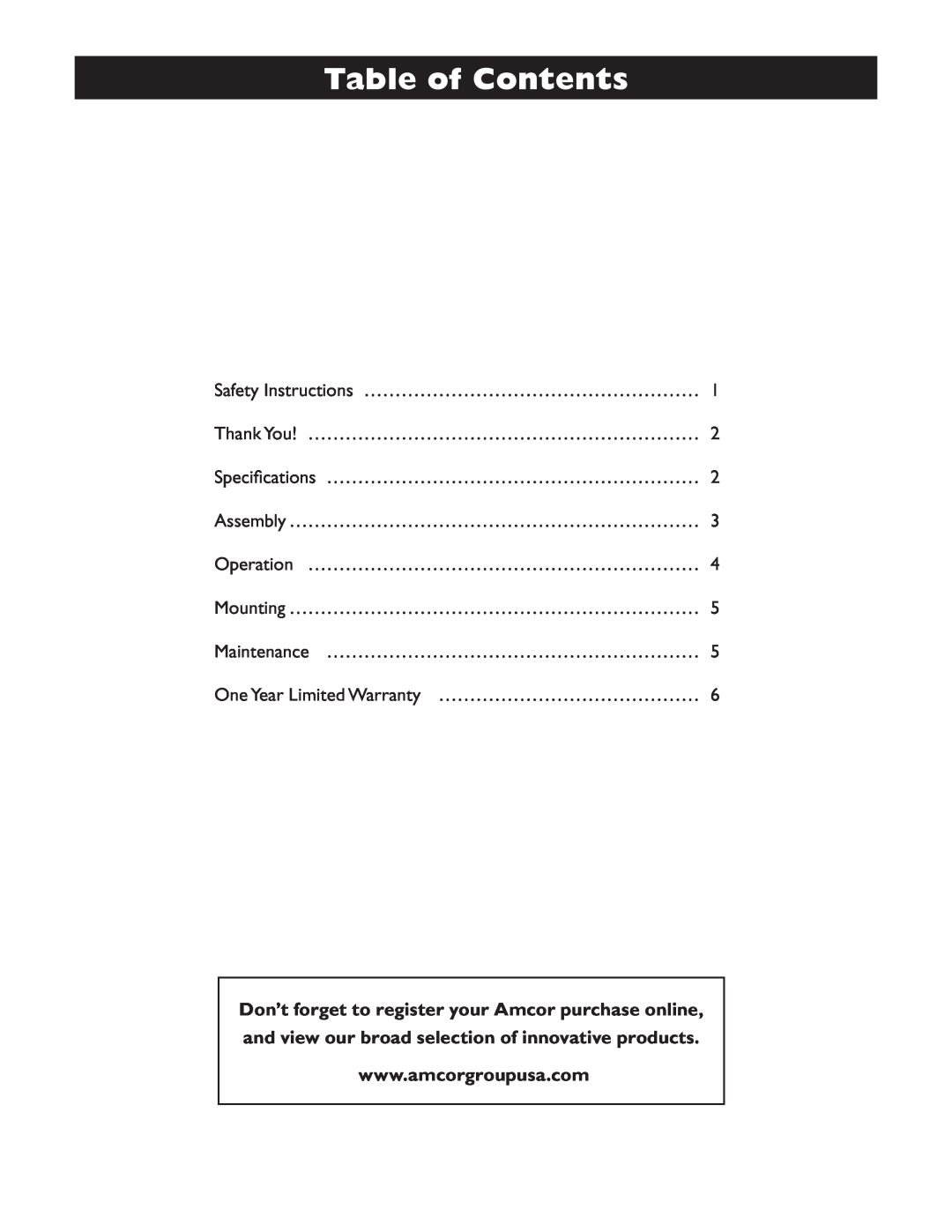 Amcor AMH9 owner manual Table of Contents 