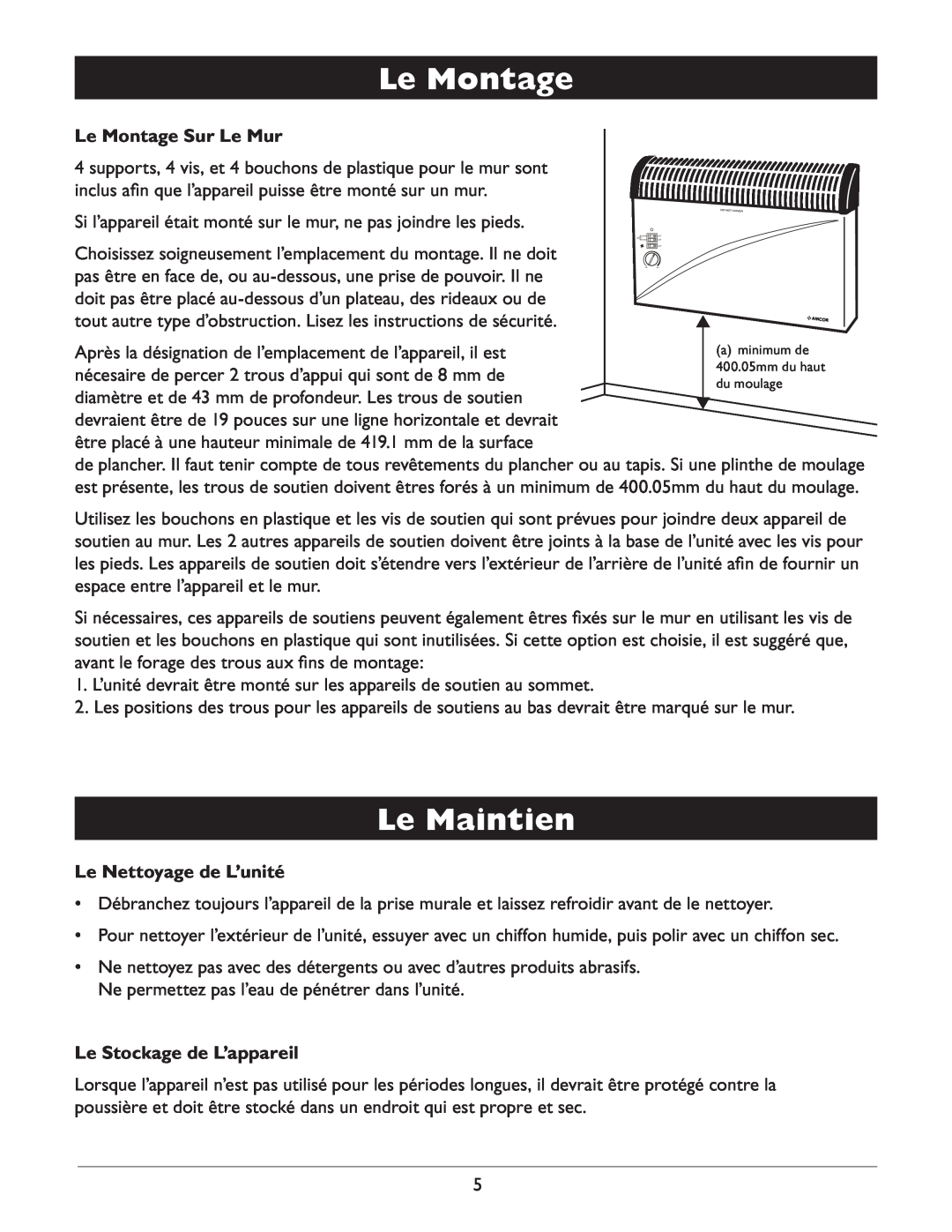 Amcor AMH9 owner manual Le Maintien, Le Montage Sur Le Mur, Le Nettoyage de L’unité, Le Stockage de L’appareil 