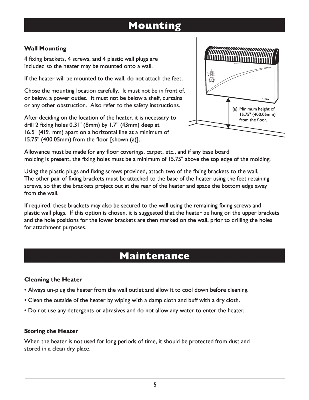 Amcor AMH9 owner manual Maintenance, Wall Mounting, Cleaning the Heater, Storing the Heater 