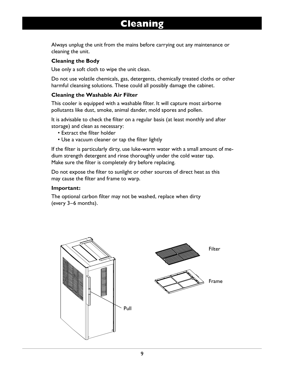 Amcor APC2000E Cleaning the Body, Use only a soft cloth to wipe the unit clean, Cleaning the Washable Air Filter 