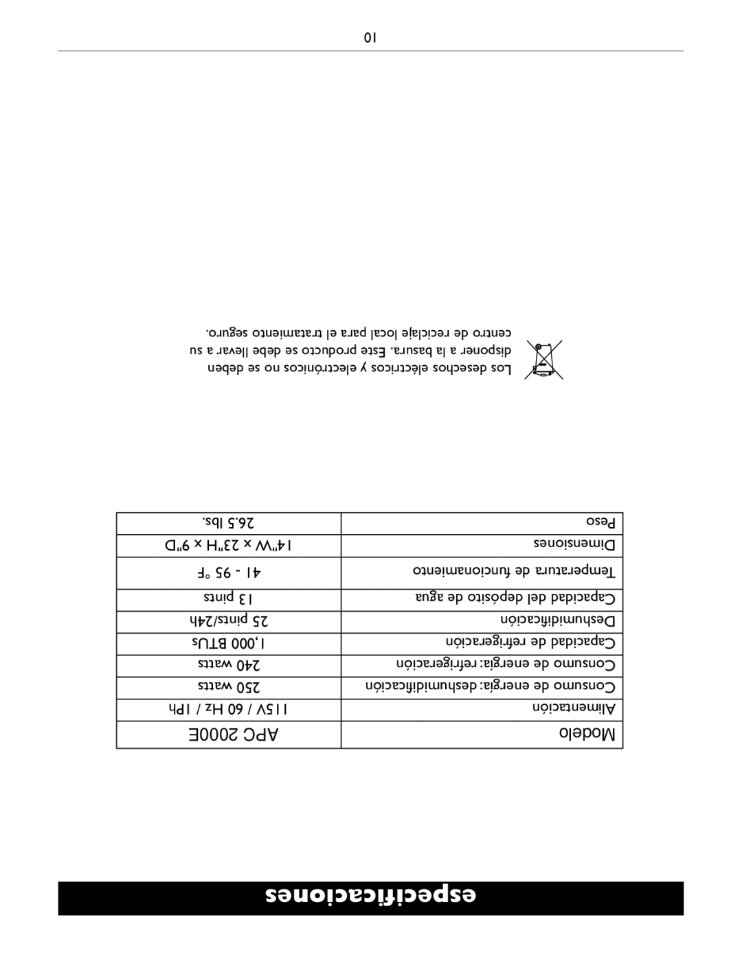 Amcor APC2000E owner manual Cacionesespeciﬁ, Refrigeración de Capacidad, Refrigeración energía de Consumo 