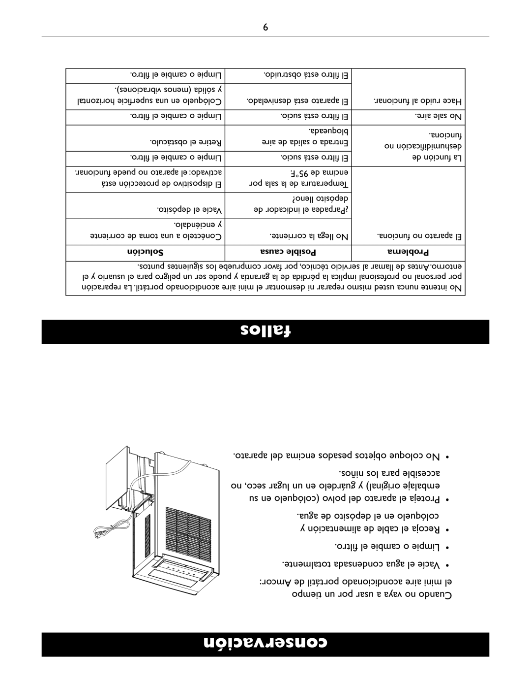 Amcor APC2000E owner manual Fallos, Conservación, ﬁltro el cambie o Limpie 