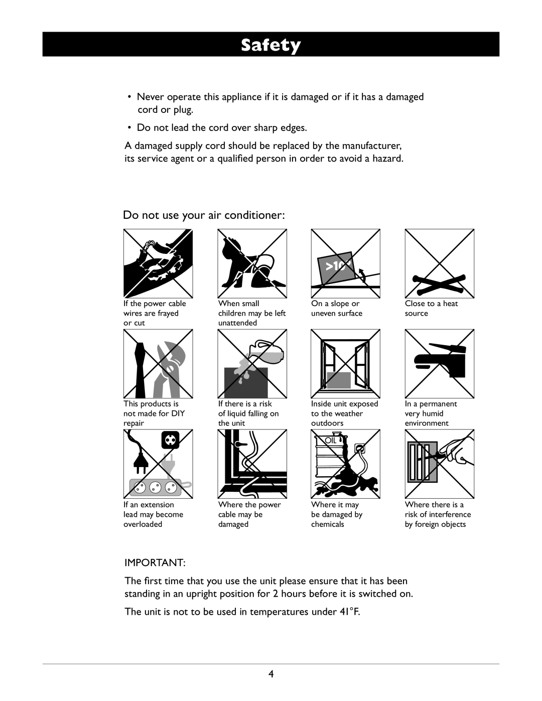 Amcor APC2000E owner manual Safety, Unit is not to be used in temperatures under 41F 