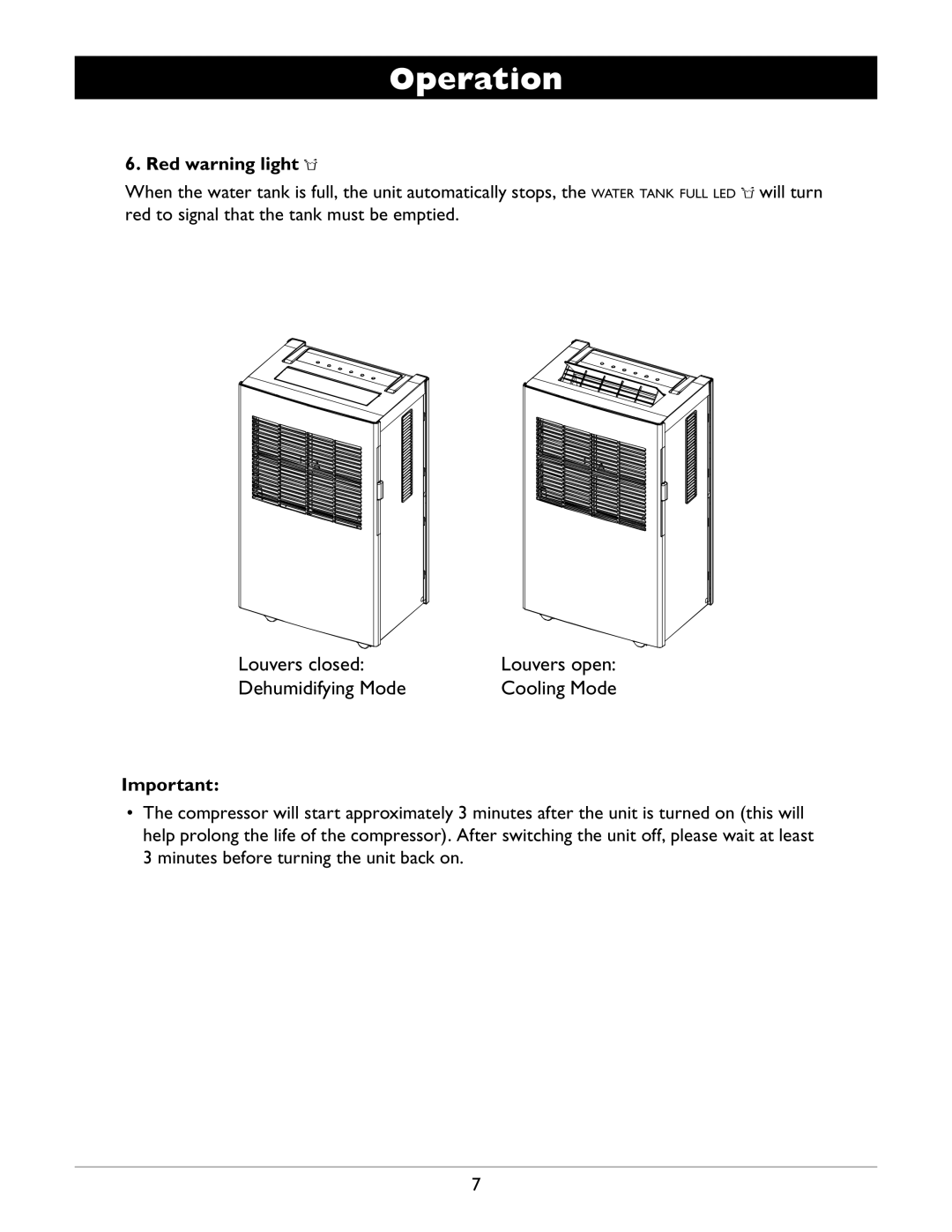 Amcor APC2000E owner manual Red warning light, Louvers open, Cooling Mode 