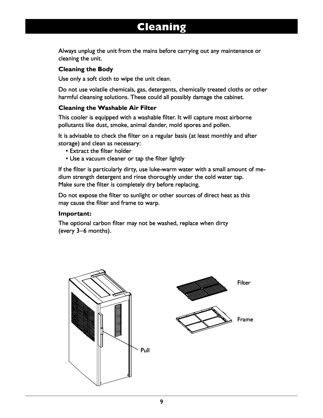 Amcor APC2000E owner manual Cleaning the Body, Cleaning the Washable Air Filter 