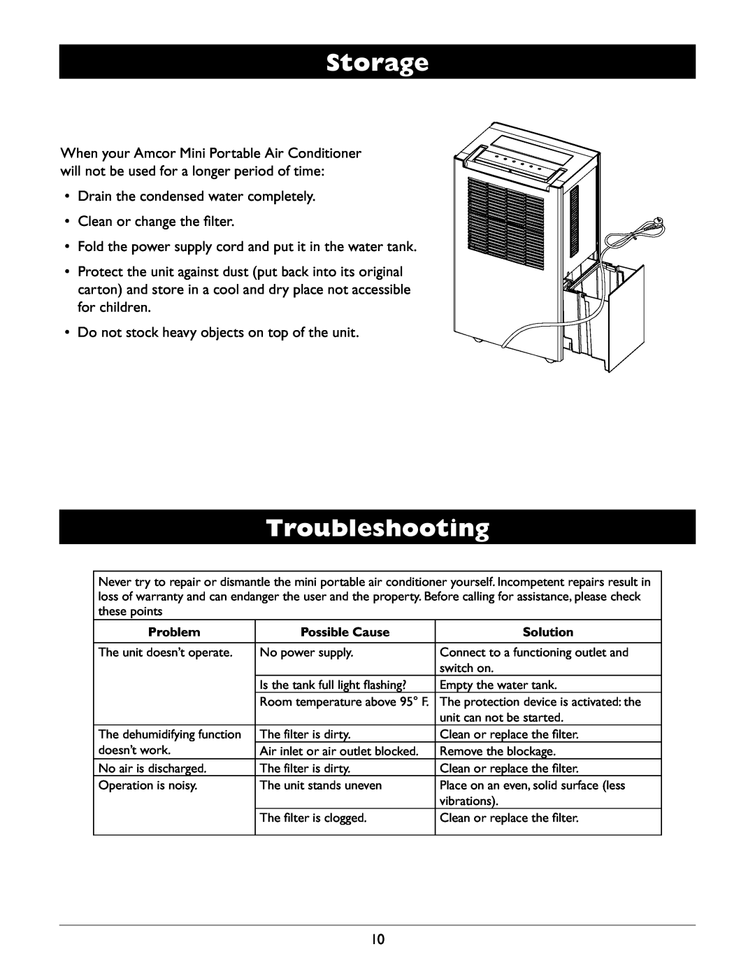 Amcor APC2000E owner manual Storage, Troubleshooting 