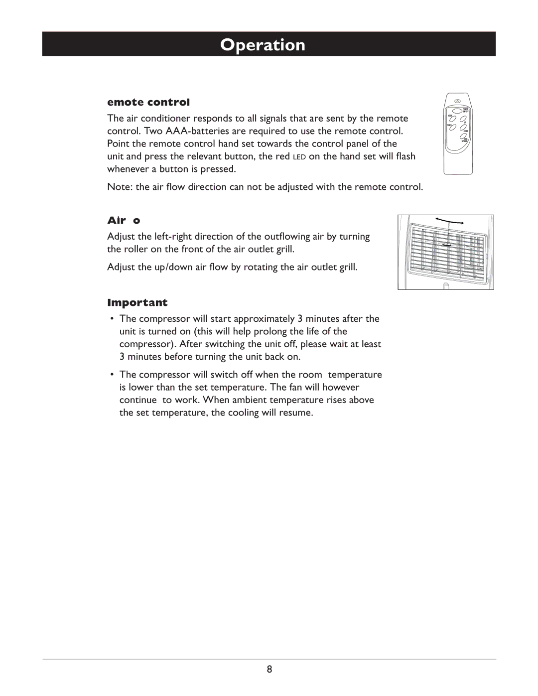 Amcor CF14000E owner manual Remote control, Air ﬂow 