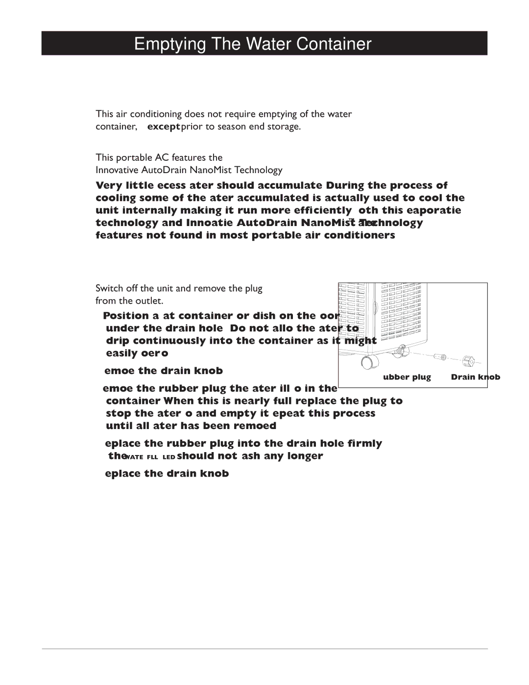 Amcor CF14000E owner manual Emptying The Water Container, Switch off the unit and remove the plug from the outlet 