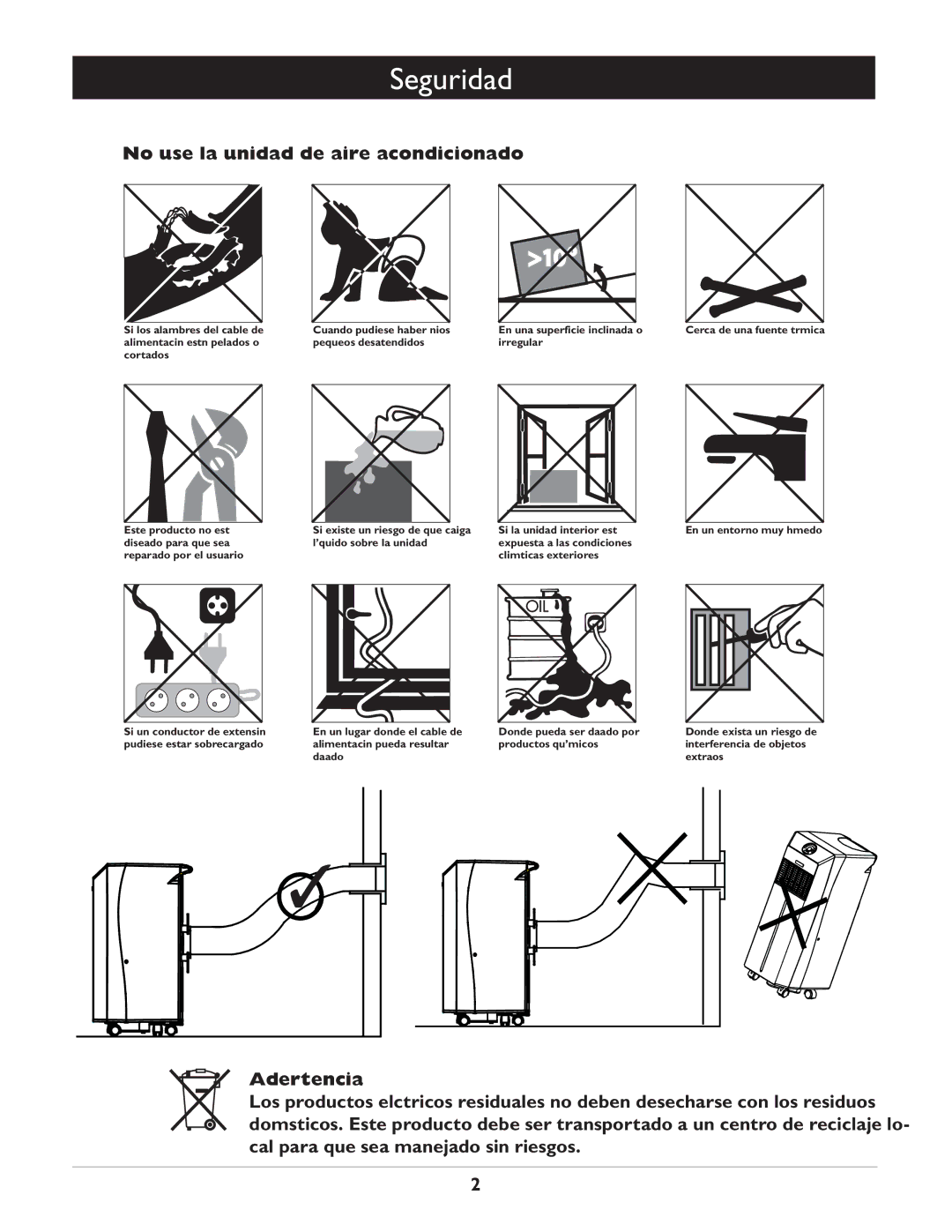 Amcor CF14000E owner manual Seguridad, No use la unidad de aire acondicionado, Advertencia 