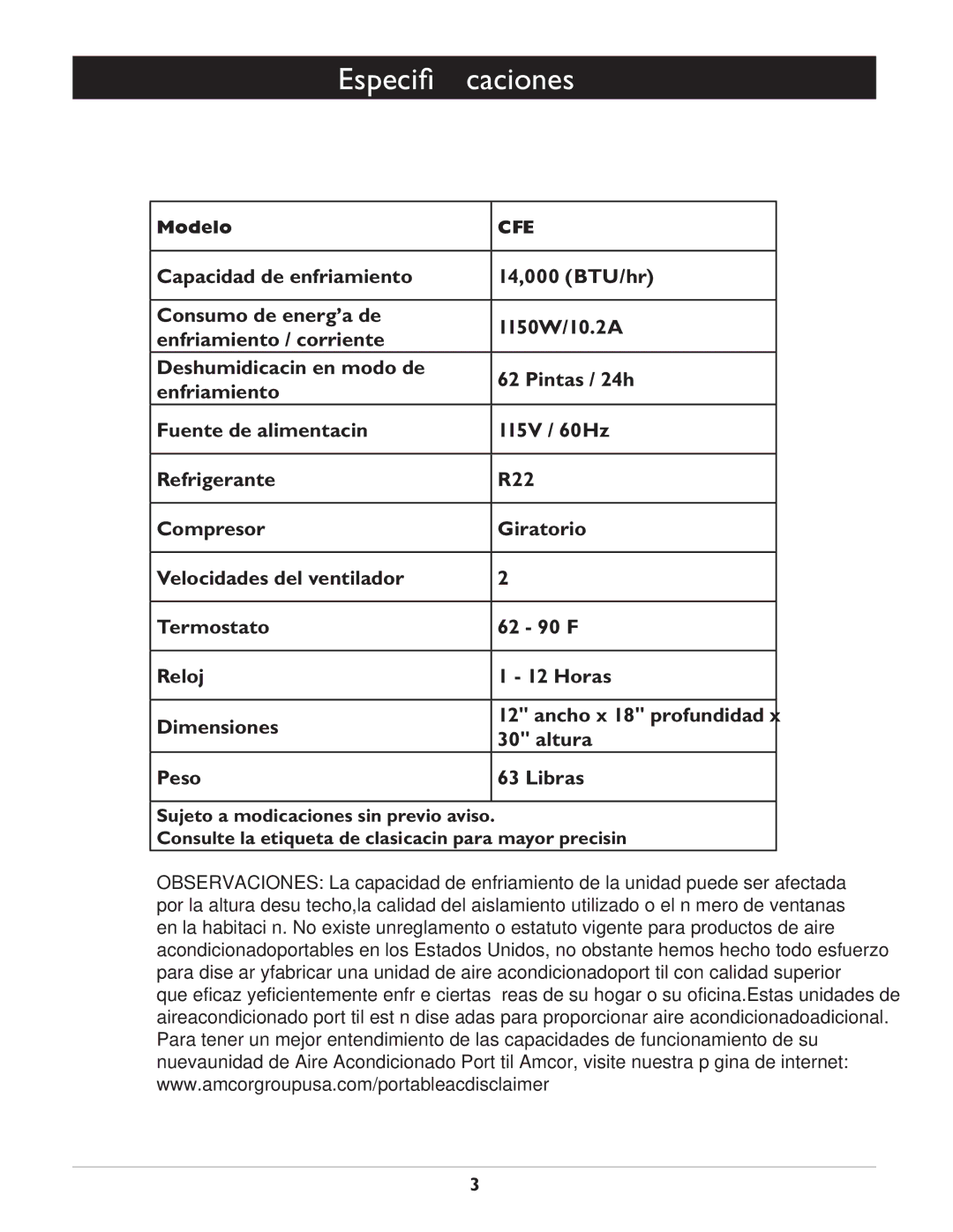 Amcor owner manual Especiﬁcaciones, Modelo CF14000E 