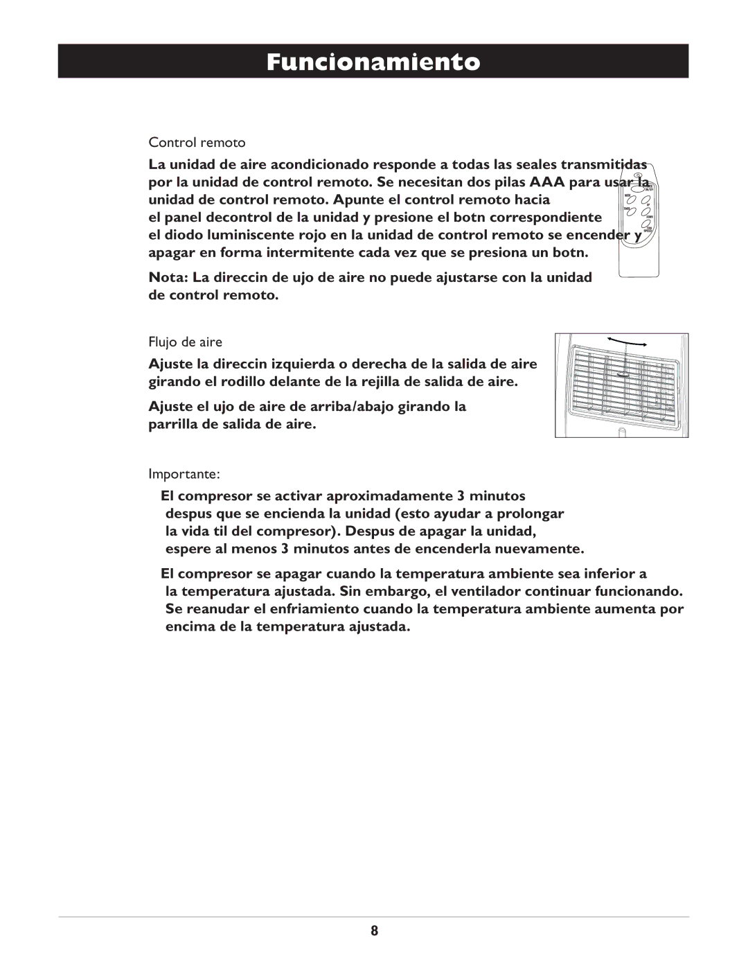 Amcor CF14000E owner manual Control remoto, Flujo de aire, Importante 