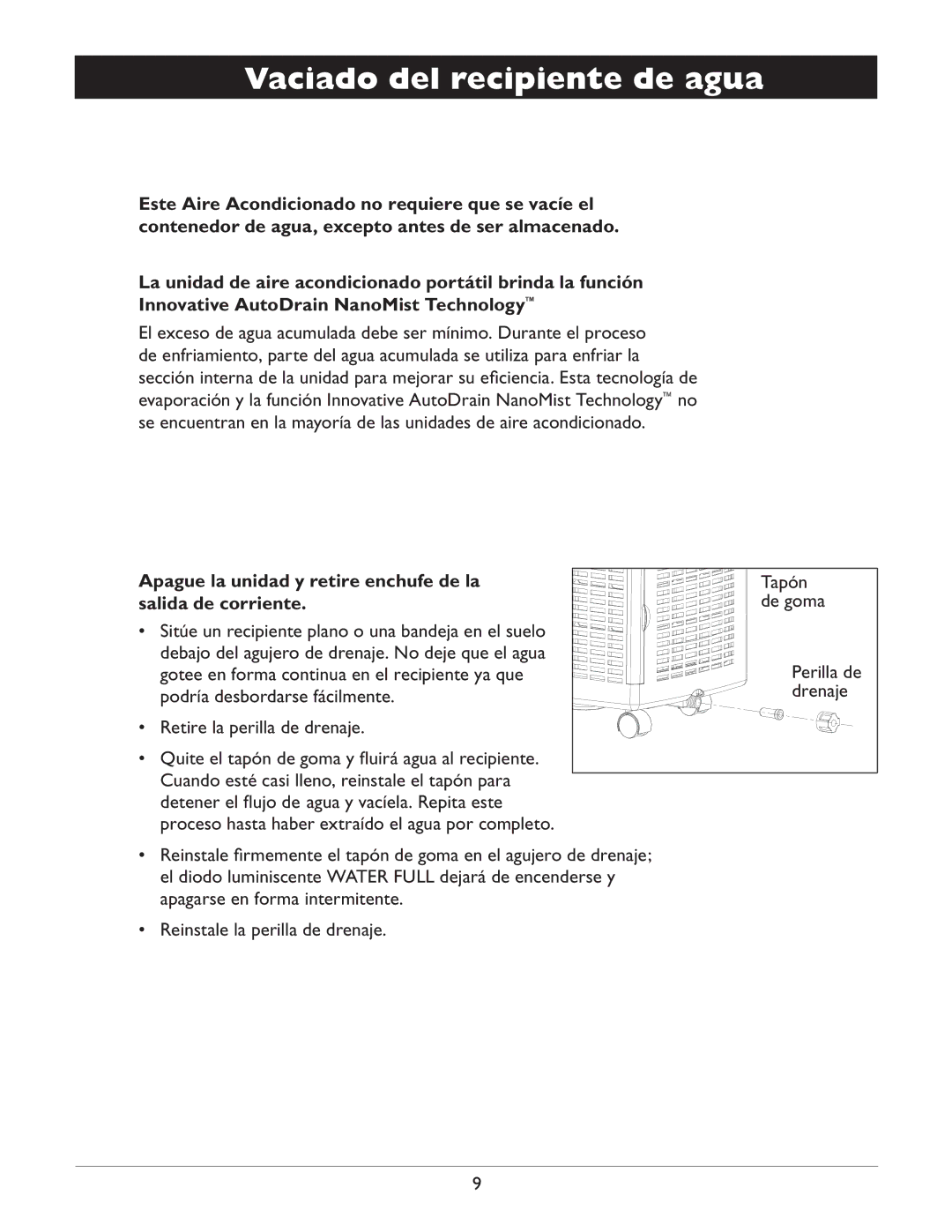 Amcor CF14000E owner manual Vaciado del recipiente de agua, Apague la unidad y retire enchufe de la, Salida de corriente 