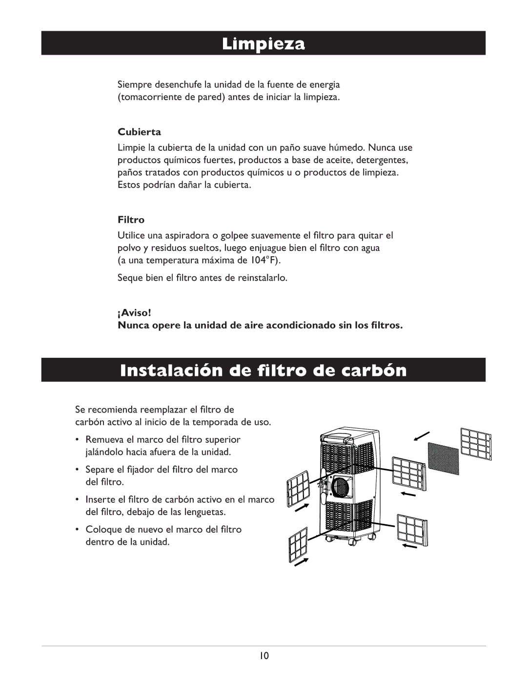 Amcor CF14000E owner manual Limpieza, Instalación de ﬁltro de carbón, Cubierta, Filtro 