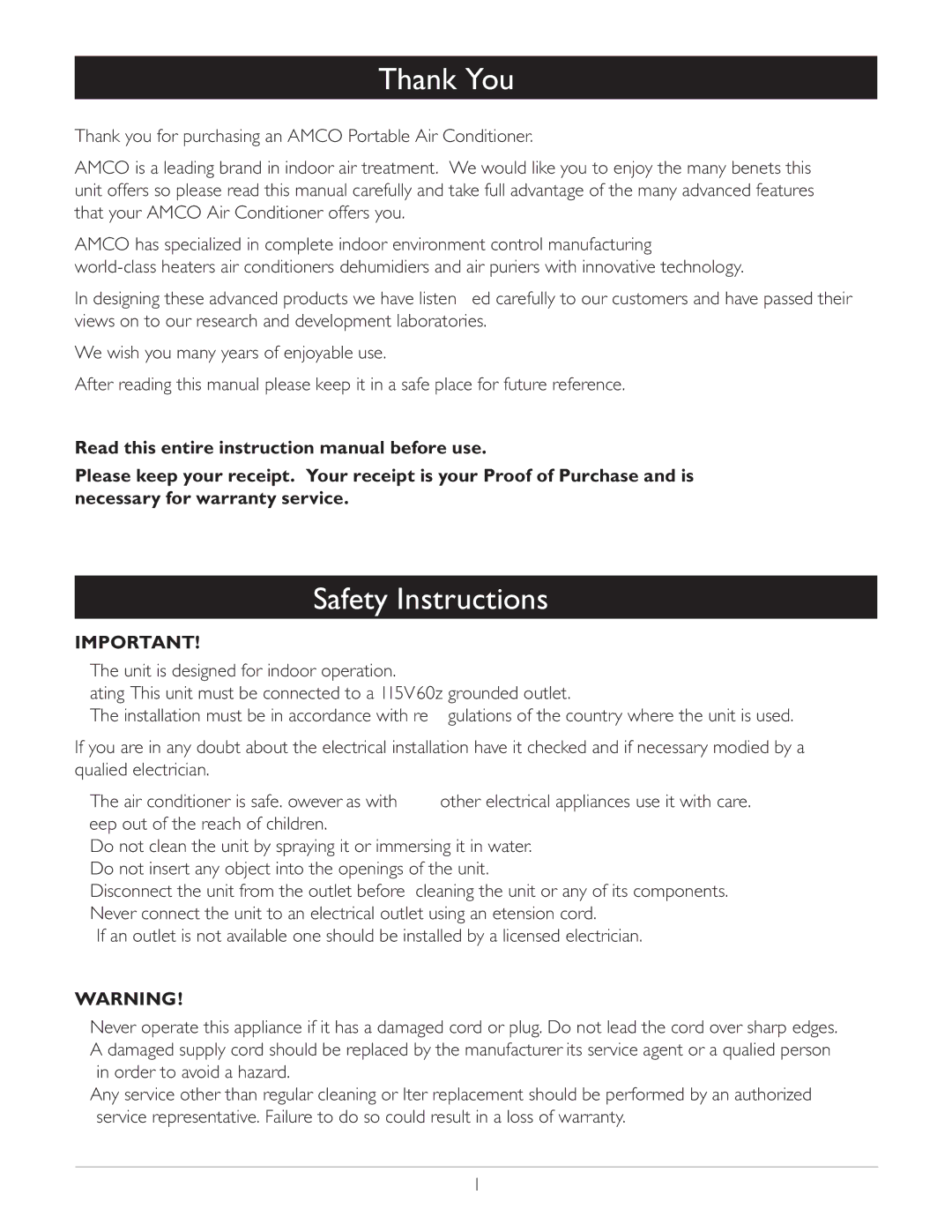 Amcor CF14000E owner manual Thank You, Safety Instructions 