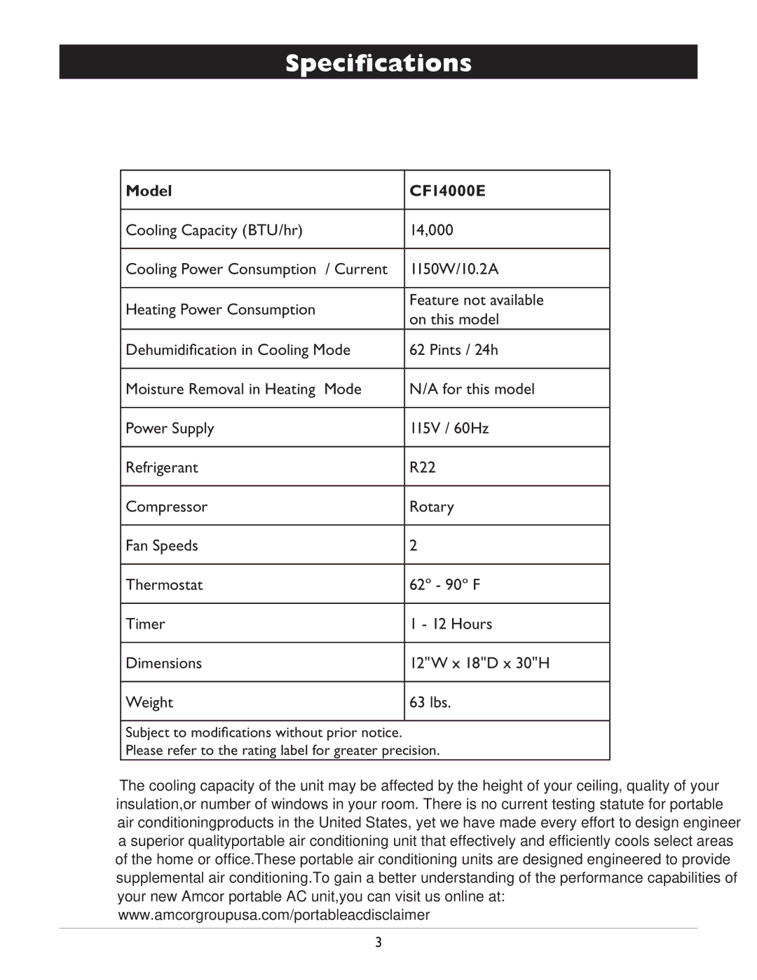 Amcor owner manual Speciﬁcations, Model CF14000E 