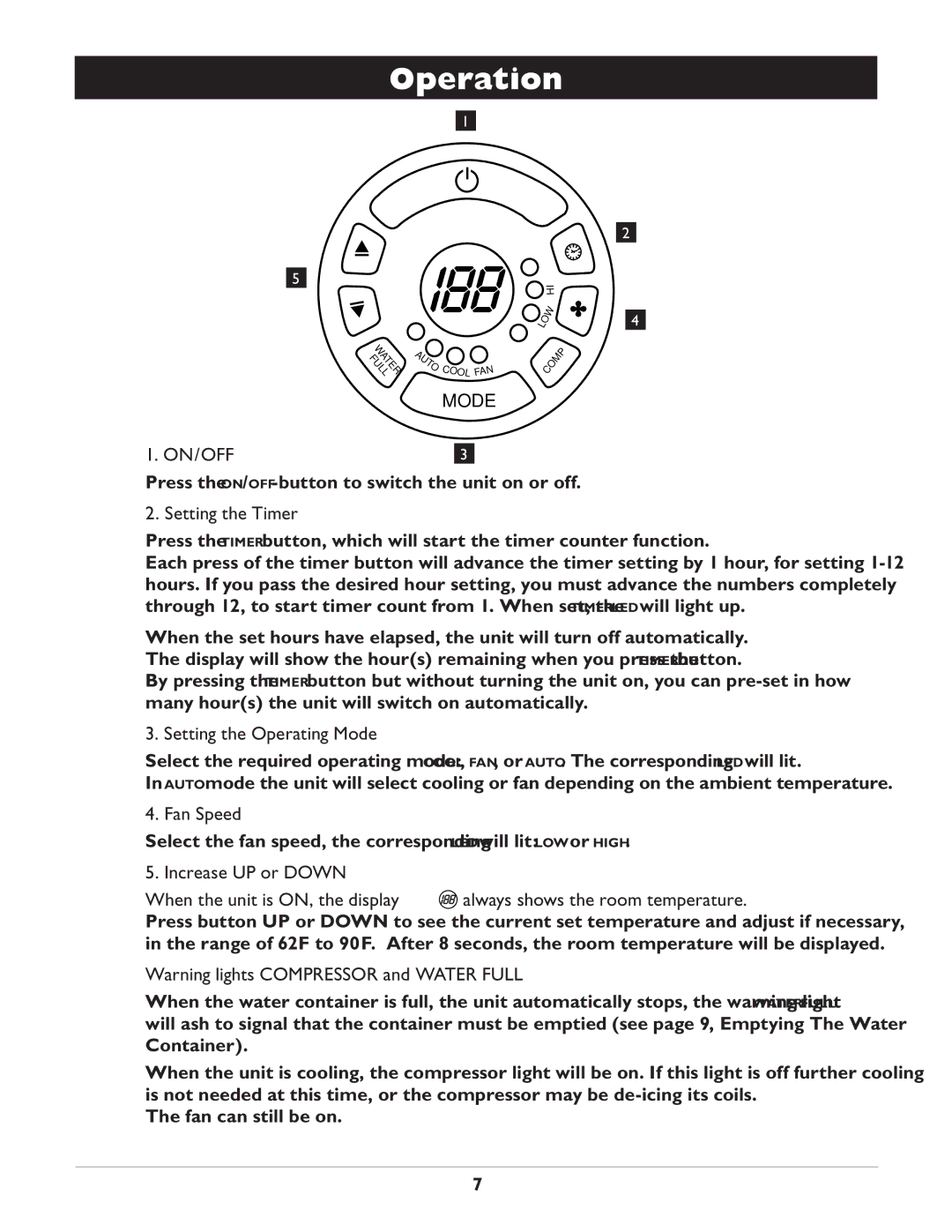 Amcor CF14000E owner manual Operation, Setting the Timer, Setting the Operating Mode, Fan Speed, Increase UP or Down 