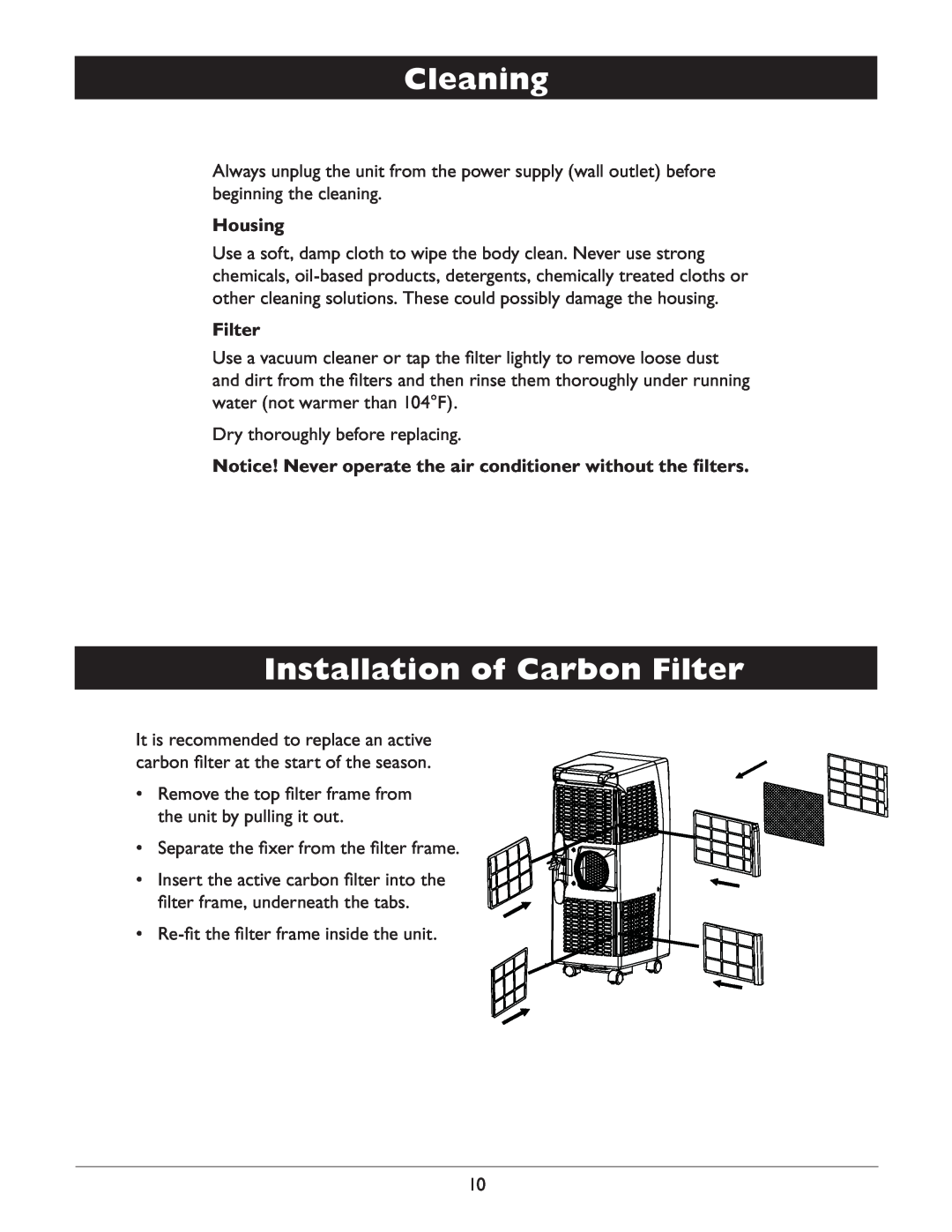 Amcor CF14000E owner manual Cleaning, Installation of Carbon Filter, Housing 