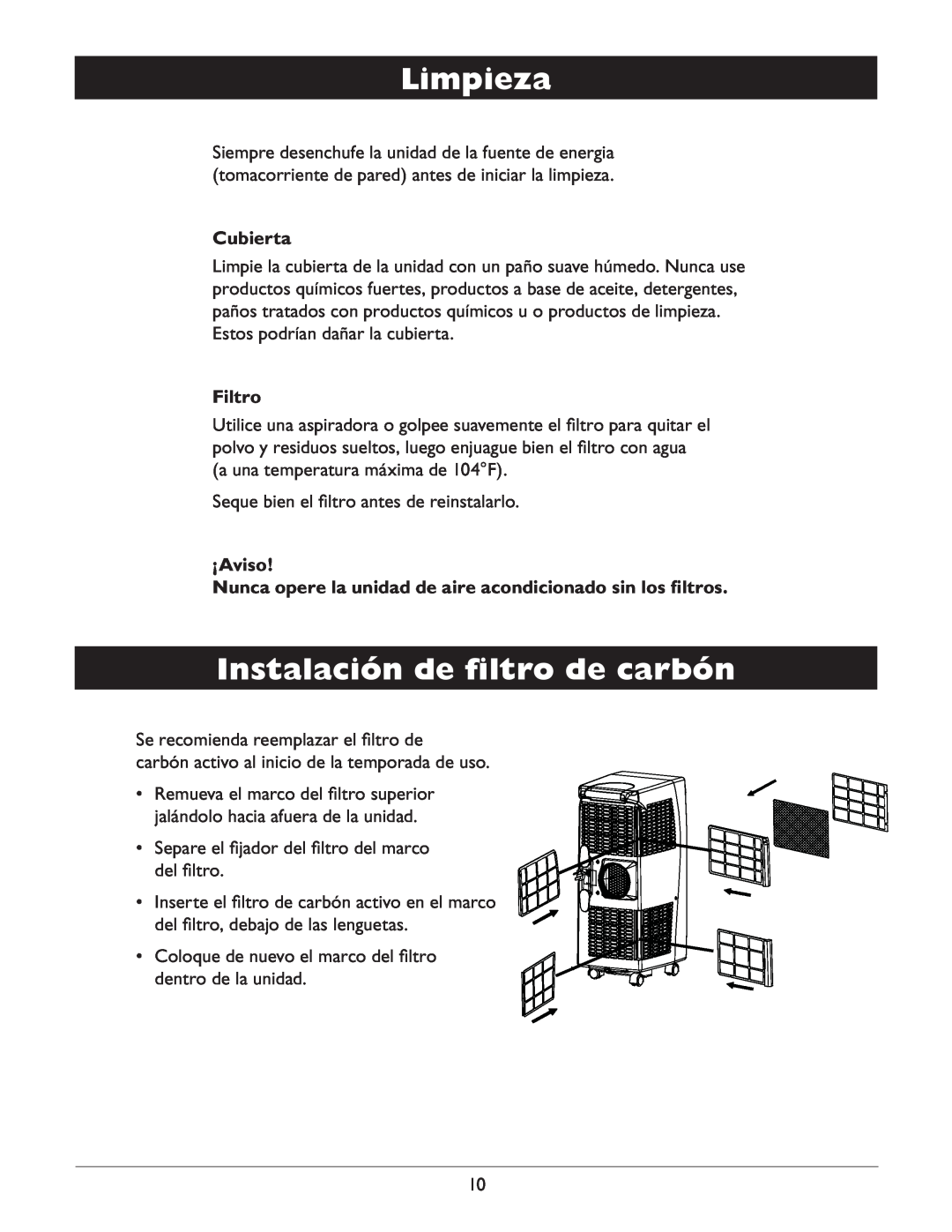 Amcor CF14000E owner manual Limpieza, Instalación de ﬁltro de carbón, Cubierta, Filtro, ¡Aviso 