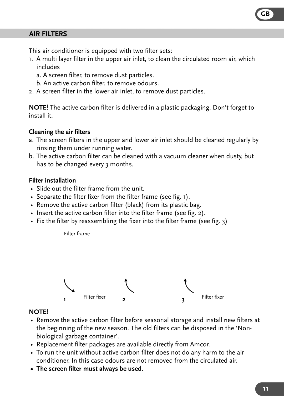 Amcor CPLM 15KE-B-410 manual AIR Filters, Cleaning the air filters, Filter installation, Screen filter must always be used 