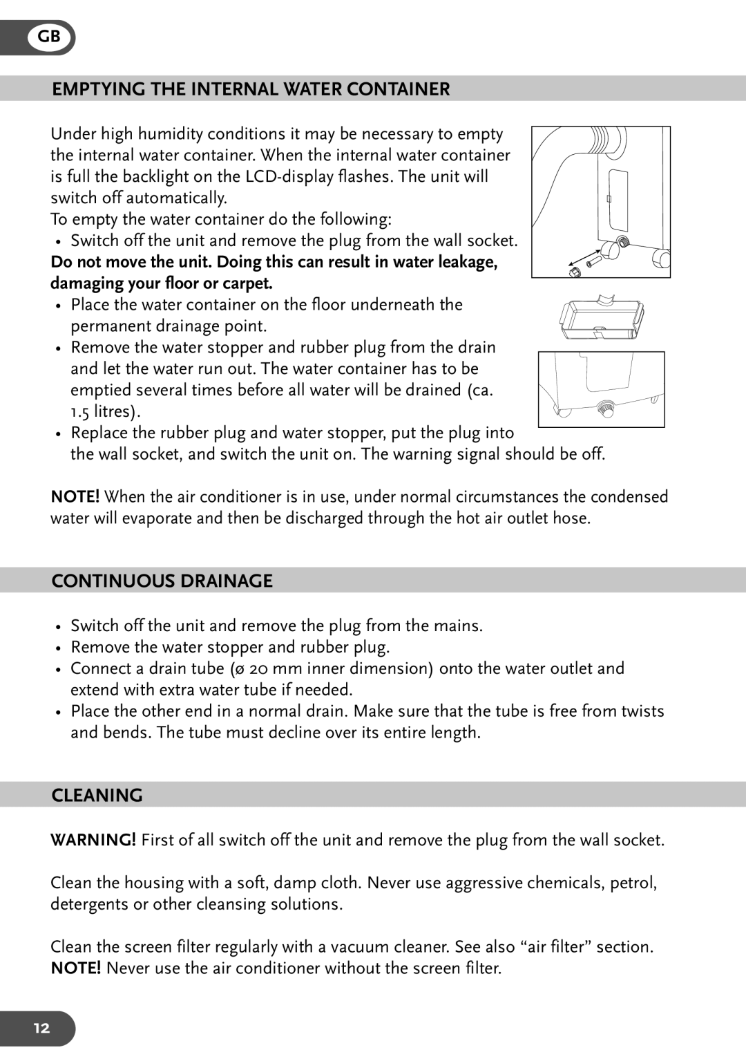 Amcor CPLM 12KE-B-410, CPLM 9KE-B-410, CPLM 15KE-B-410 Emptying the Internal Water Container, Continuous Drainage, Cleaning 