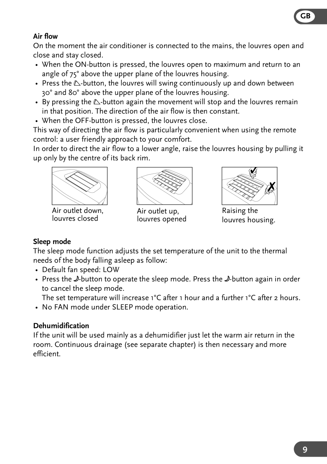 Amcor CPLM 12KE-B-410, CPLM 9KE-B-410, CPLM 15KE-B-410 manual Air flow, Sleep mode, Dehumidification 