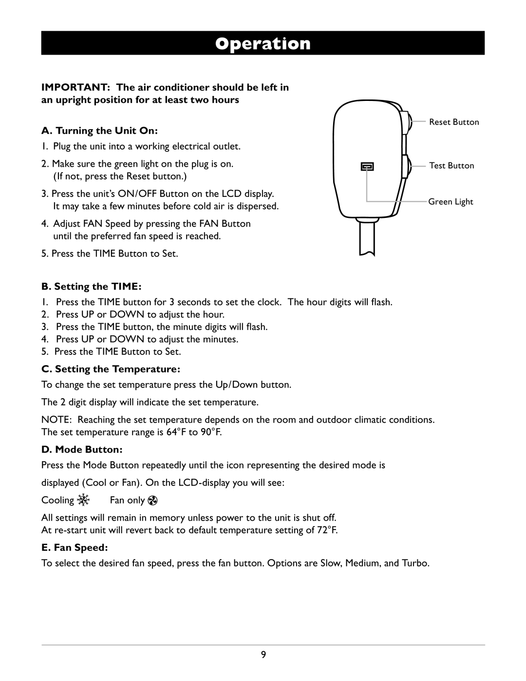 Amcor CPLMB-12000E owner manual Operation, Setting the Time, Setting the Temperature, Mode Button, Fan Speed 