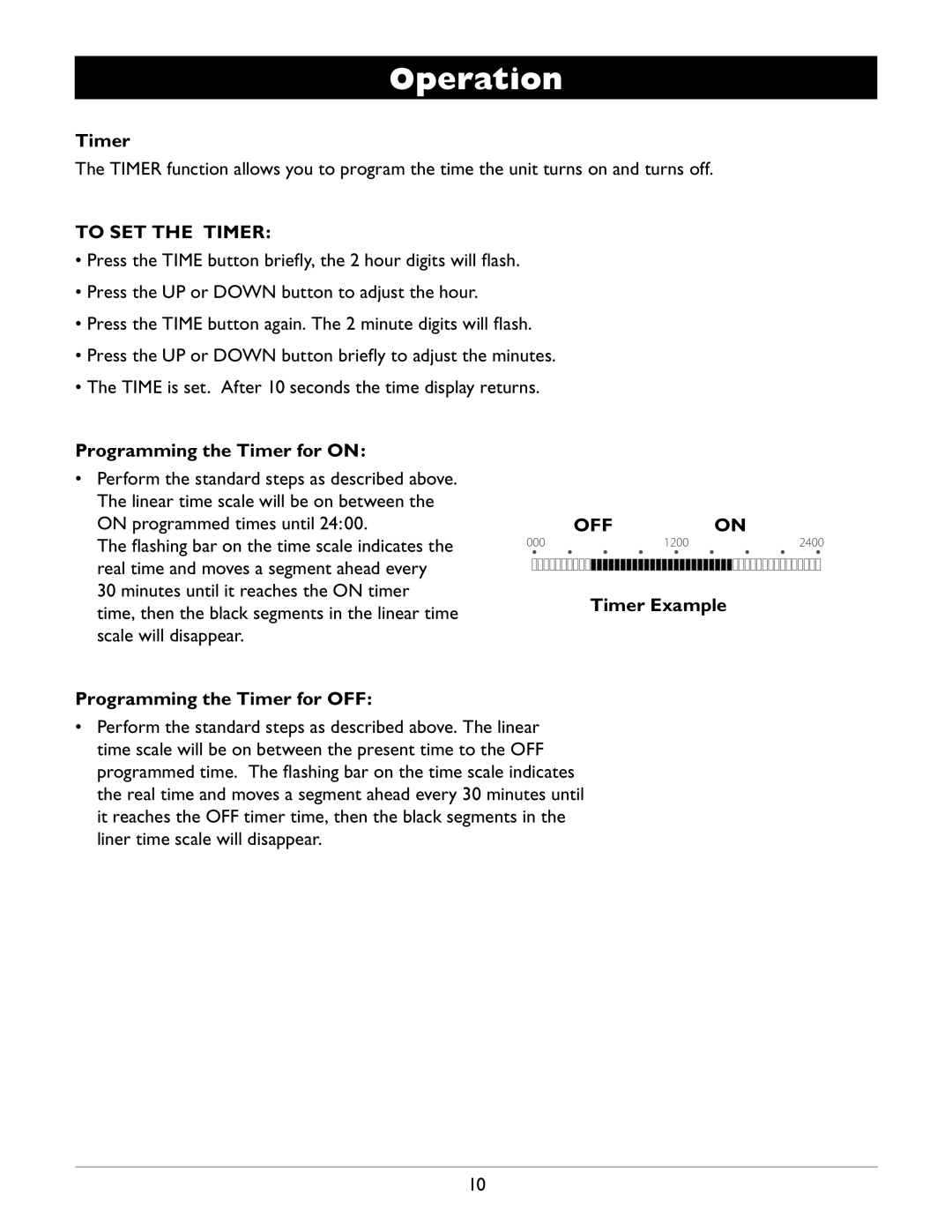 Amcor CPLMB-12000E owner manual Programming the Timer for on, Programming the Timer for OFF, Timer Example 