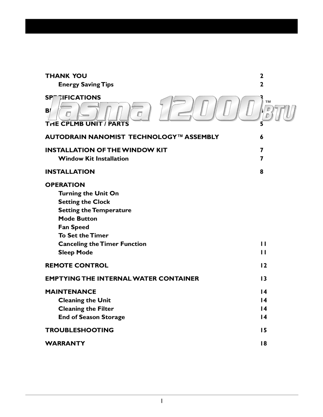 Amcor CPLMB-12000E owner manual Table of Contents 