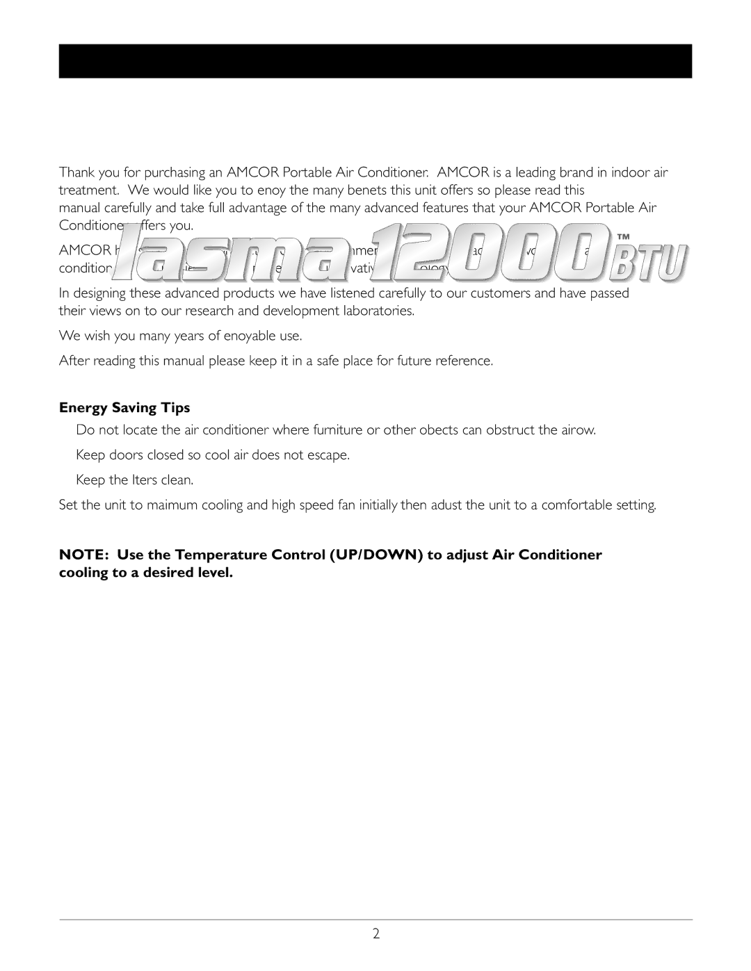 Amcor CPLMB-12000E owner manual Thank You, Energy Saving Tips 