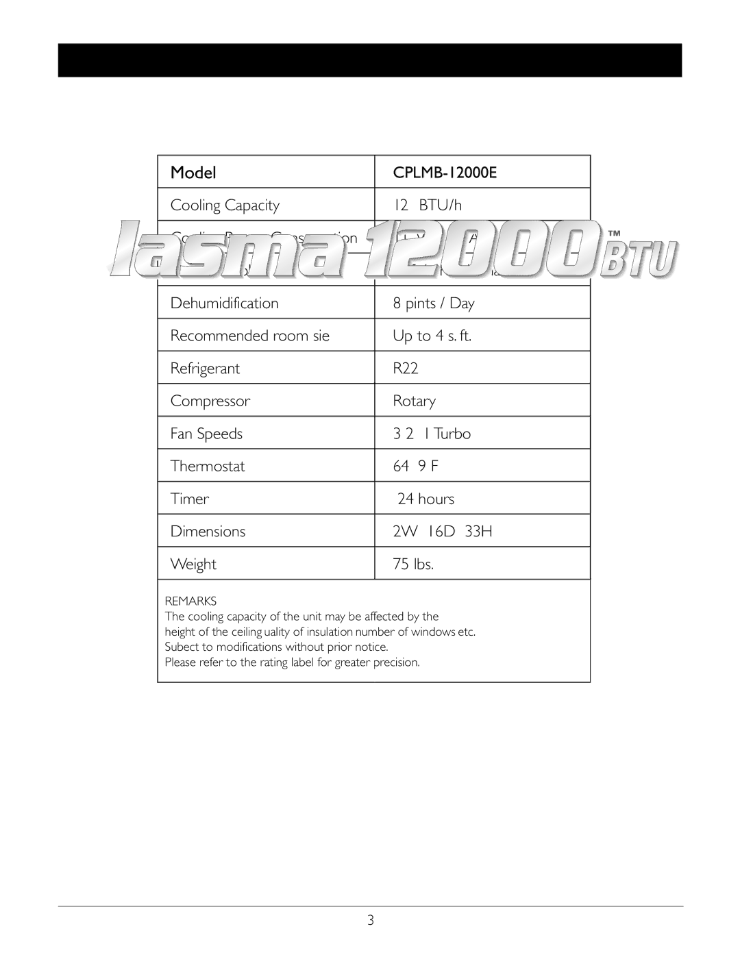 Amcor CPLMB-12000E owner manual Specifications, Model 