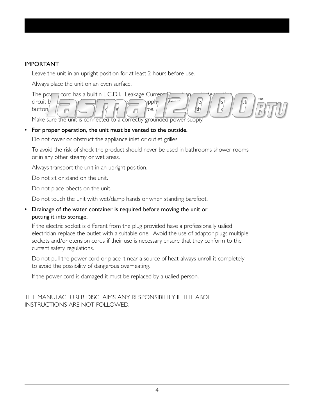 Amcor CPLMB-12000E owner manual Before Use, For proper operation, the unit must be vented to the outside 