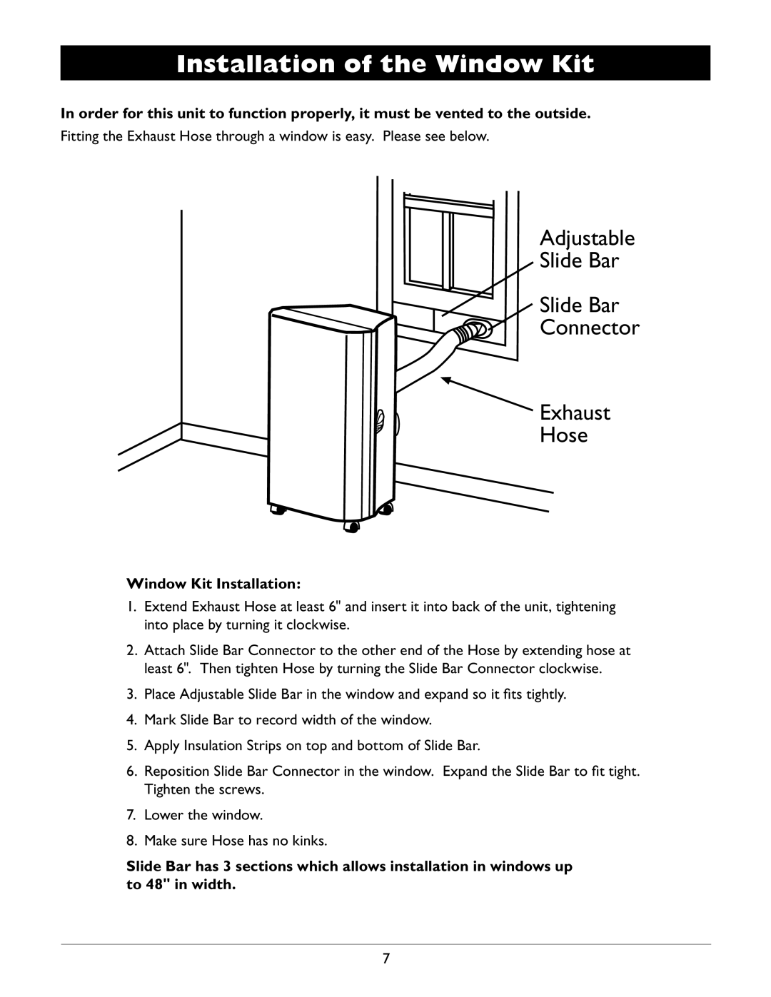 Amcor CPLMB-12000E owner manual Adjustable Slide Bar Connector Exhaust Hose, Window Kit Installation 