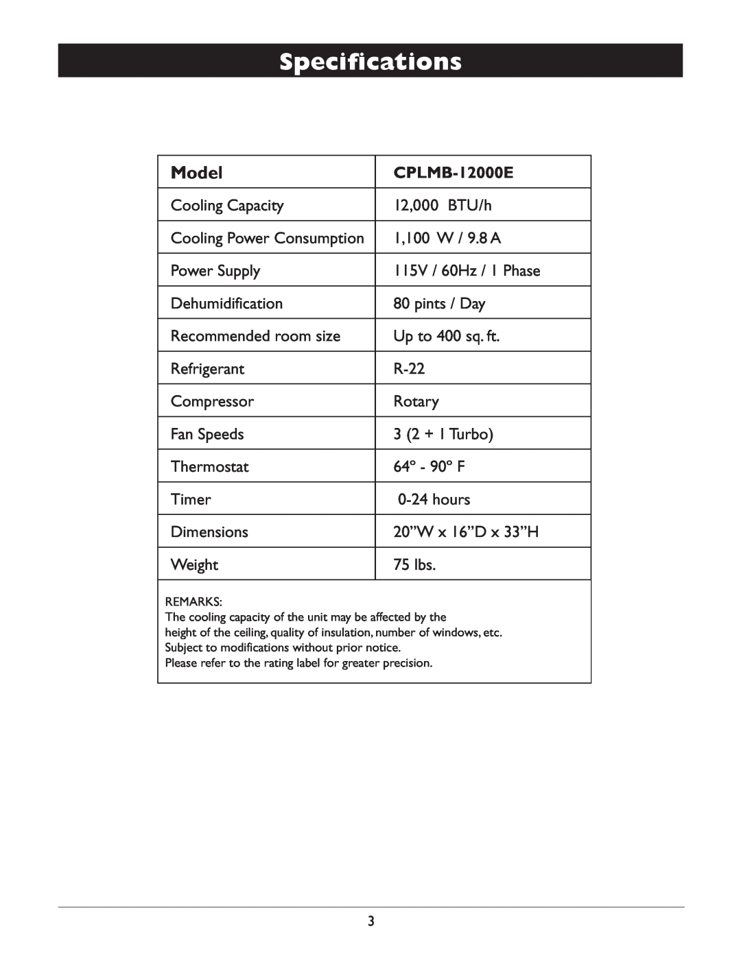 Amcor CPLMB-12000E owner manual Specifications, Model 