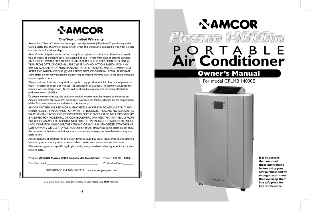 Amcor CPLMB 14000E owner manual OneYear Limited Warranty, Product Amcor Plasma 14000 Portable Air Conditioner 