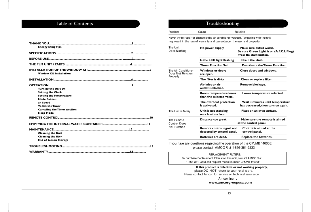 Amcor CPLMB 14000E owner manual Table of Contents, Troubleshooting 